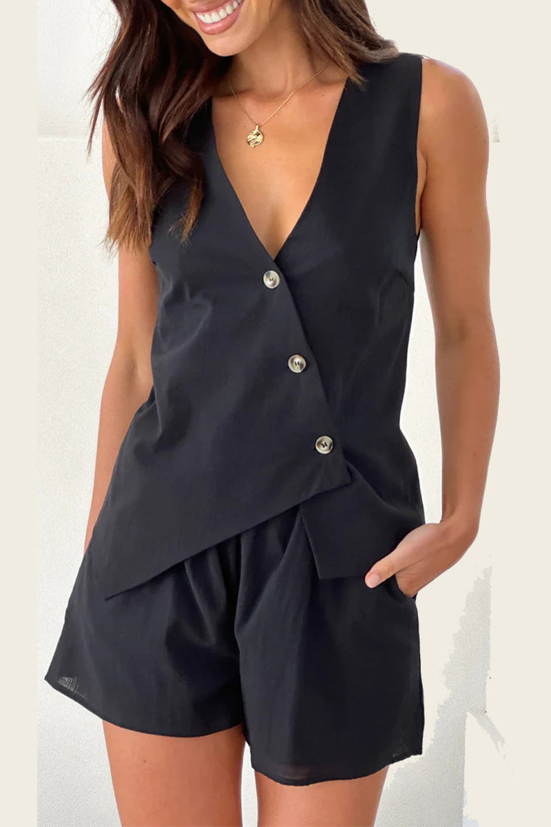Casual Daily Solid Color Buttons Irregular V Neck Sleeveless Two Pieces