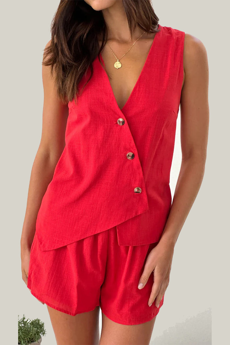 Casual Daily Solid Color Buttons Irregular V Neck Sleeveless Two Pieces