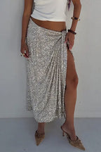Elegant Solid Color Sequins Ruched Regular High Waist Solid Color Bottoms