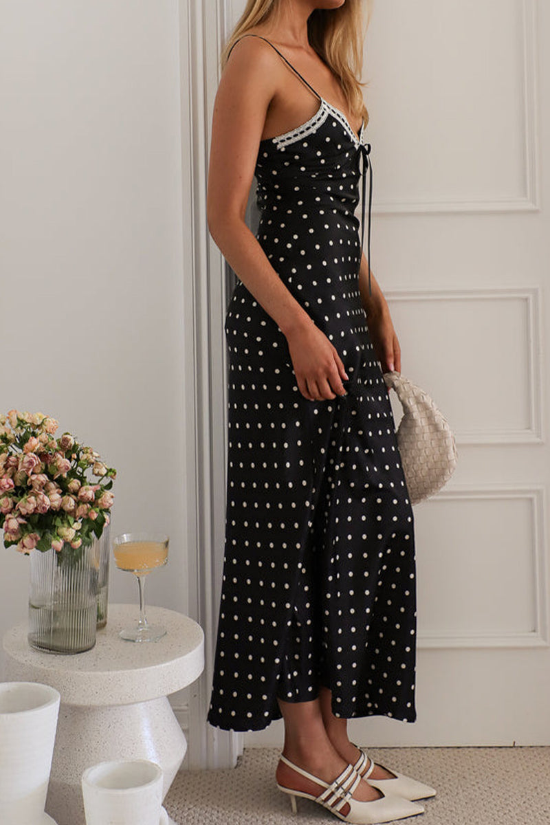 Rosario Timeless Polka Dot Patchwork Contrast V Neck Long Dresses Boutique Collection