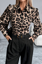 Casual Leopard Patchwork Turndown Collar Tops
