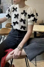 Casual Bow Patchwork Contrast O Neck Tops