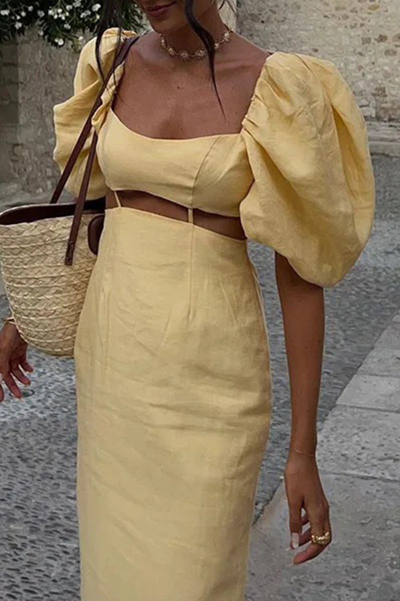 Sexy Solid Color Hollow Out Square Neck One Step Skirt Dresses