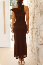 Sexy Solid Color See-Through Mesh Oblique Collar One Step Skirt Dresses