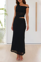 Sexy Solid Color See-Through Mesh Oblique Collar One Step Skirt Dresses