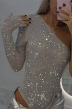 Sexy Solid Color Sequins Sequined Sloping Shoulder Skinny Bodysuits