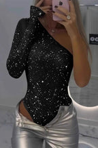 Sexy Solid Color Sequins Sequined Sloping Shoulder Skinny Bodysuits