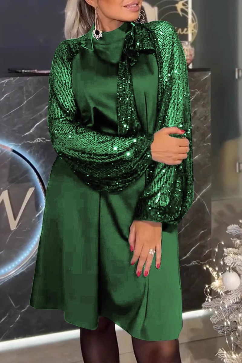 Elegant Solid Color Sequins Sequined Half A Turtleneck A Line Dresses