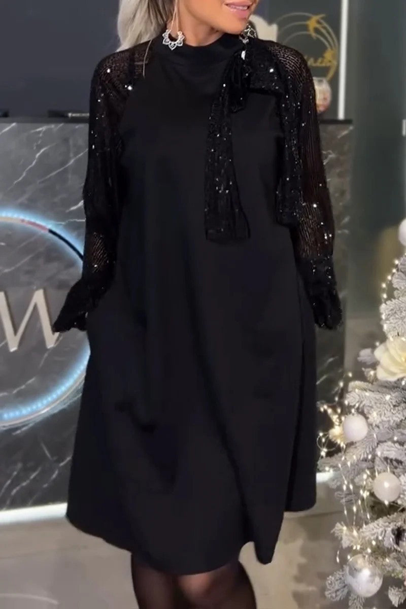 Elegant Solid Color Sequins Sequined Half A Turtleneck A Line Dresses