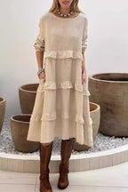 Casual Solid Color Pocket Ruffle O Neck A Line Dresses