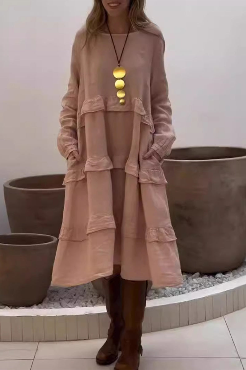 Casual Solid Color Pocket Ruffle O Neck A Line Dresses