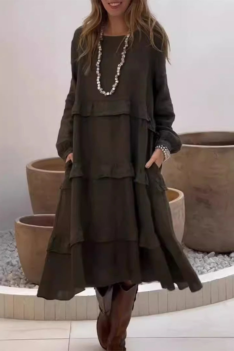 Casual Solid Color Pocket Ruffle O Neck A Line Dresses