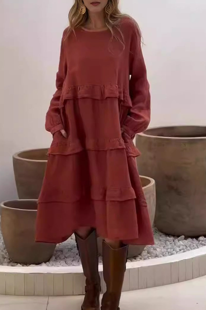 Casual Solid Color Pocket Ruffle O Neck A Line Dresses
