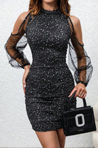 Elegant Hollow Out Patchwork Sequined O Neck Wrapped Skirt Dresses