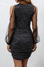 Elegant Hollow Out Patchwork Sequined O Neck Wrapped Skirt Dresses
