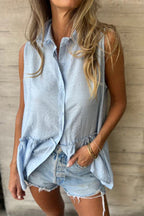 Casual Buttons Pleated Flounce Turndown Collar Blouses(3 Colors)