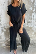 Casual Solid Color Pocket Lace Up Flounce O Neck Short Sleeve Two Pieces