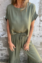 Casual Solid Color Pocket Lace Up Flounce O Neck Short Sleeve Two Pieces