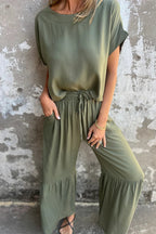 Casual Solid Color Pocket Lace Up Flounce O Neck Short Sleeve Two Pieces