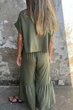 Casual Solid Color Pocket Lace Up Flounce O Neck Short Sleeve Two Pieces