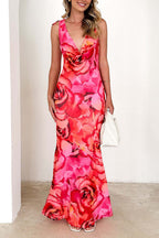 Sexy Floral Print Lace Up Backless Contrast V Neck Long Dresses