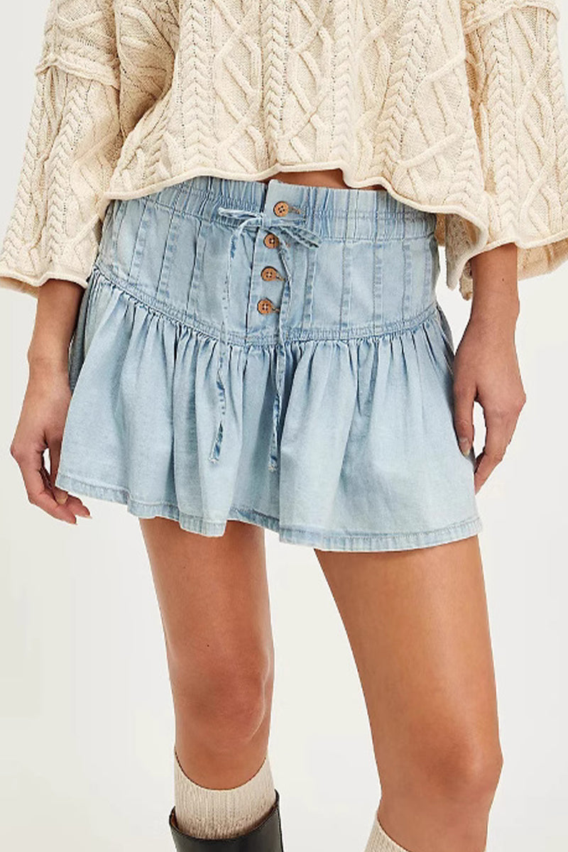 Casual Solid Color Distressed Buckle Flounce High Waist Type A Solid Color Bottoms
