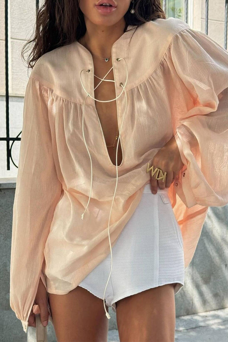 Casual Solid Color Lace Up O Neck Tops
