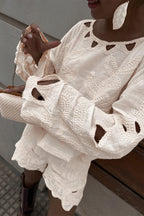 Casual Solid Color Embroidered Hollow Out O Neck Long Sleeve Two Pieces