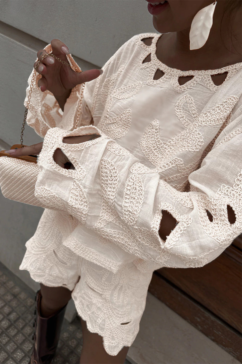 Casual Solid Color Embroidered Hollow Out O Neck Long Sleeve Two Pieces