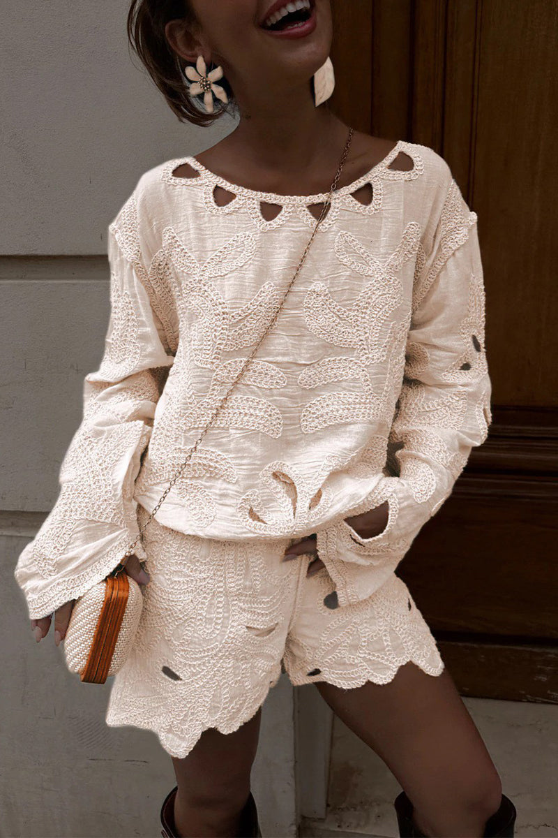 Casual Solid Color Embroidered Hollow Out O Neck Long Sleeve Two Pieces