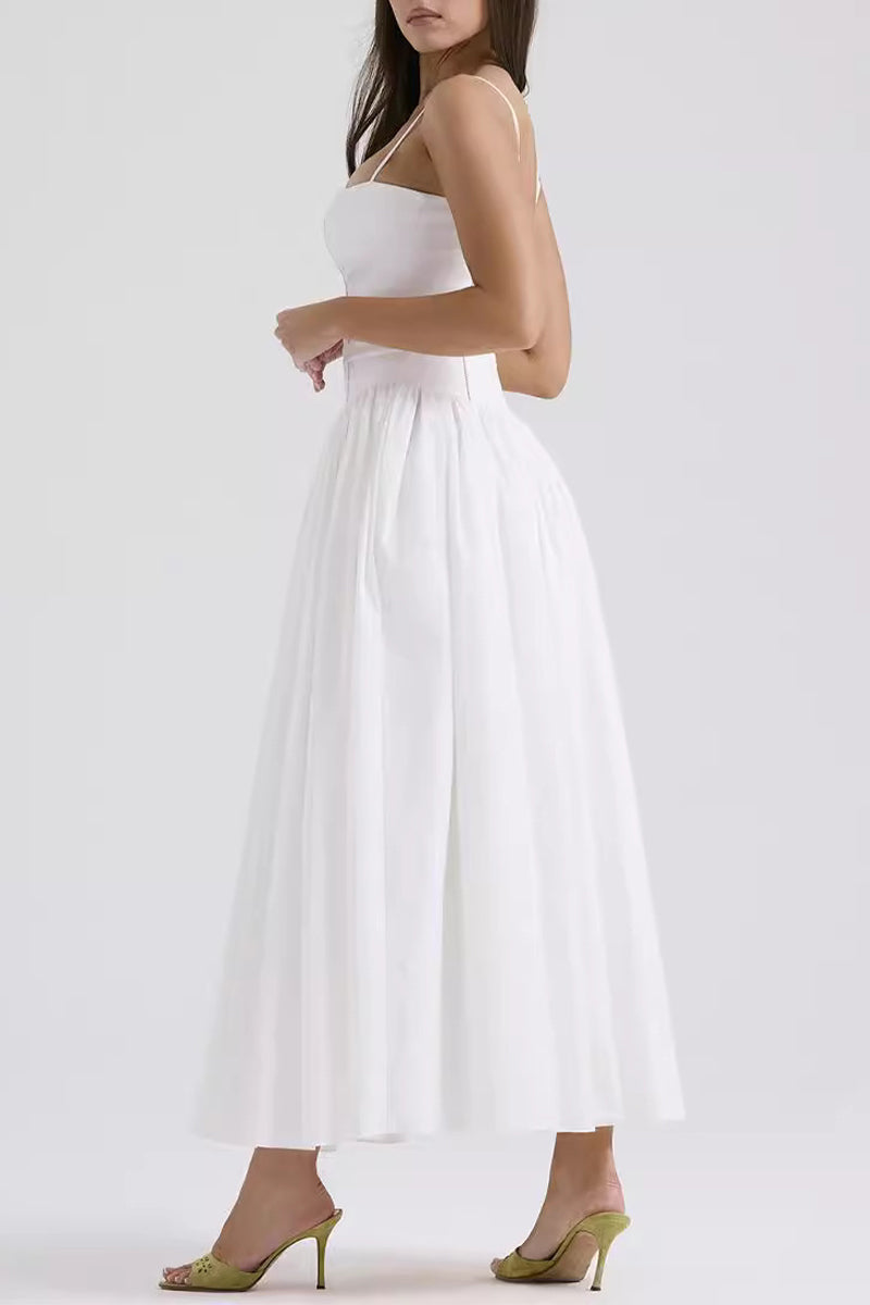 Elegant Solid Color Patchwork Square Neck Sling Dresses