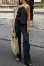 Sexy Solid Color Pocket Strap Design Halter Sleeveless Two Pieces