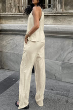 Sexy Solid Color Pocket Strap Design Halter Sleeveless Two Pieces