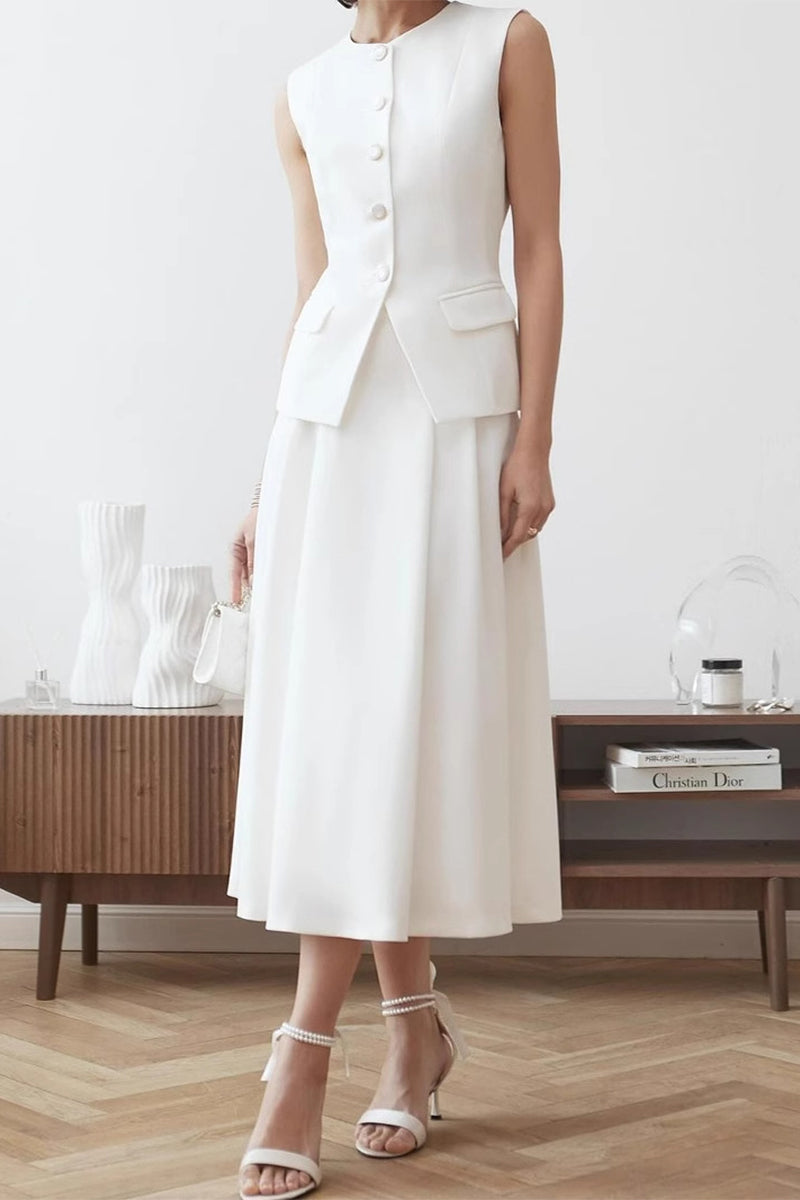 Celebrities Elegant Solid Color Buttons O Neck Sleeveless Two Pieces