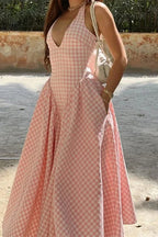Sexy Plaid Lace Up Backless Contrast Halter Sleeveless Dresses