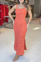 Sexy Solid Color Hollow Out Slit Square Neck One Step Skirt Dresses
