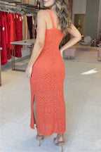 Sexy Solid Color Hollow Out Slit Square Neck One Step Skirt Dresses