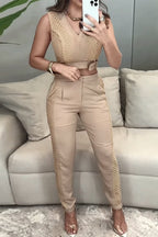 Casual Solid Color Pocket Buttons Mesh V Neck Sleeveless Two Pieces