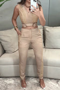 Casual Solid Color Pocket Buttons Mesh V Neck Sleeveless Two Pieces