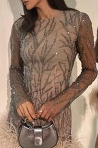 Elvira Elevated Mini Dresses with O Neck and Tinsel Feather Hem in Mesh Fabric Occasion Wear