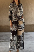 Casual Geometric Print Distressed Pocket Mandarin Collar Long Sleeve Two Pieces