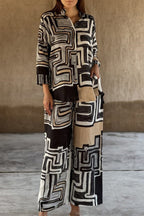 Casual Geometric Print Distressed Pocket Mandarin Collar Long Sleeve Two Pieces