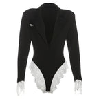 Turnover collar long sleeve lace hem bodysuit  | Festival Outfits Women