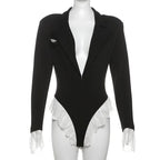 Turnover collar long sleeve lace hem bodysuit  | Festival Outfits Women
