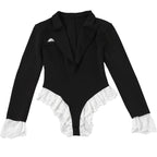 Turnover collar long sleeve lace hem bodysuit  | Festival Outfits Women