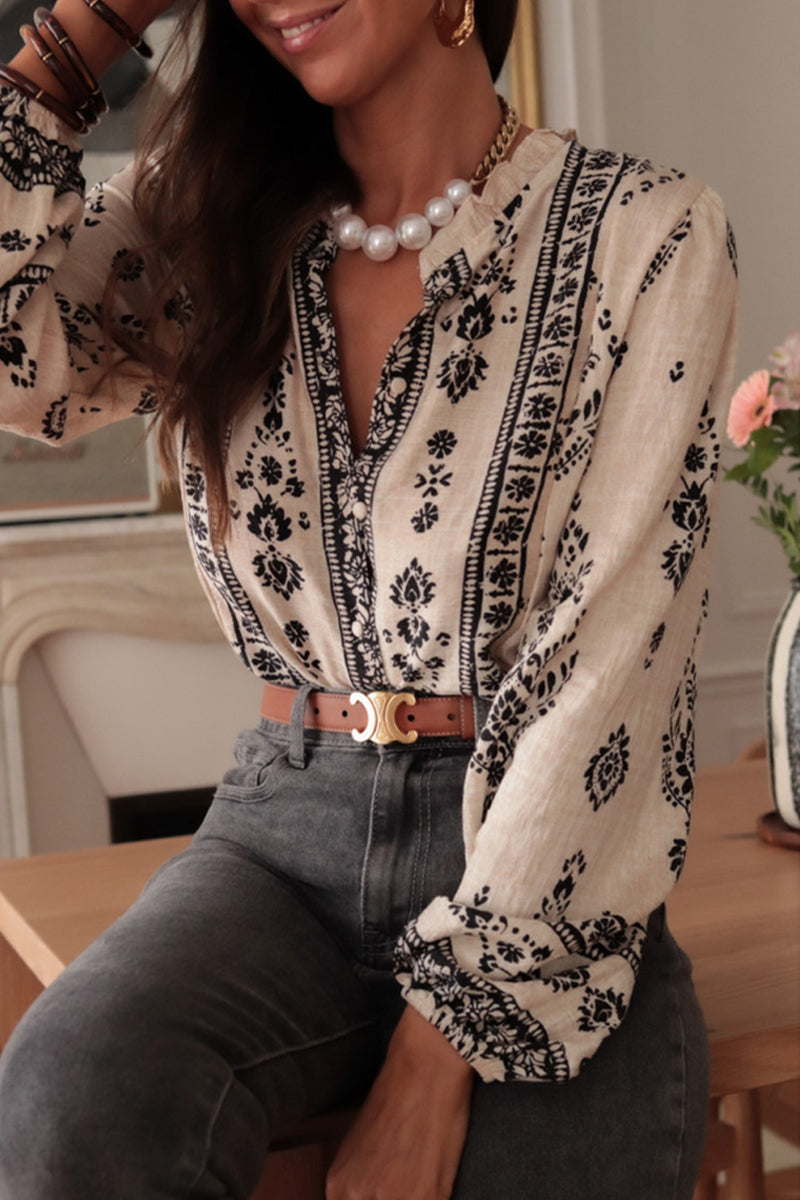 Celebrities Geometric Print Buttons Lotus Leaf Collar Tops