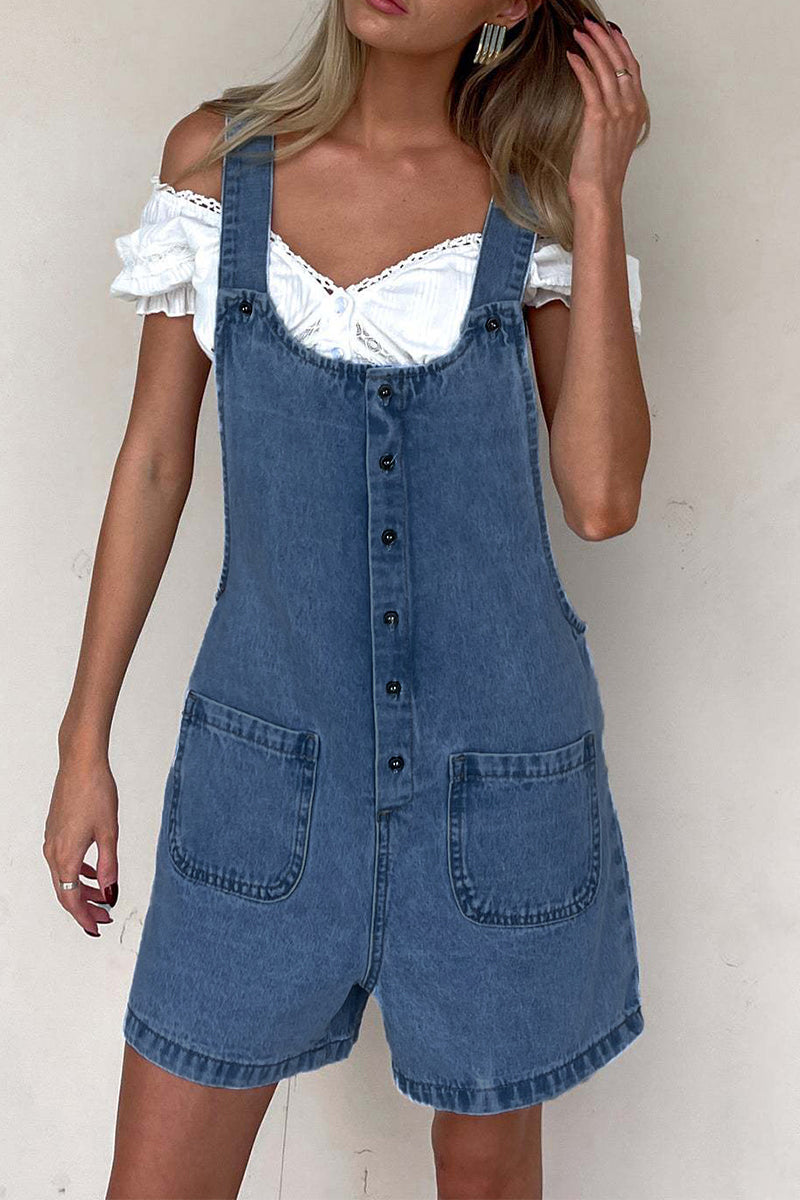 Casual Solid Color Pocket Buttons U Neck Loose Rompers