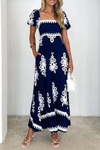 Casual Geometric Print Pocket Contrast Square Neck A Line Short Sleeve Dress