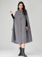 Wool Blend Cape Coat For Women Hooded Gray Oversized Long Poncho Outerwear 2026