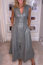 Casual Pocket Zipper V Neck Sleeveless Dresses(3 Colors)